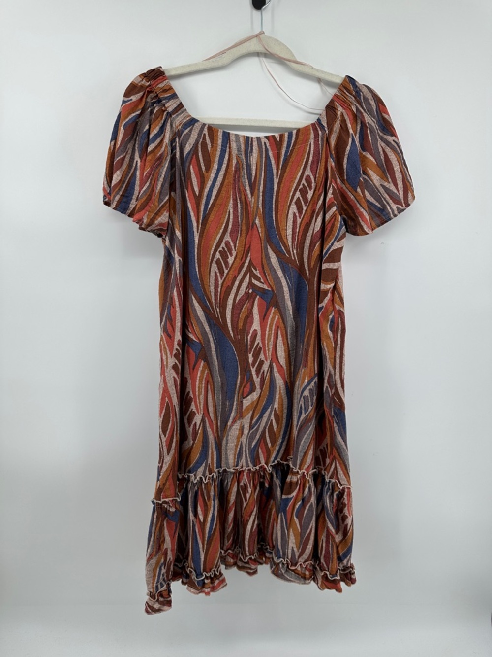 Robbie Bee Cottagecore Boho Coastal Retro Rust Multicolor Wave Print Dress SzL - Picture 5 of 9